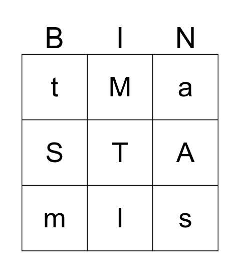 Kindergarten Letters MTASIi Bingo Card