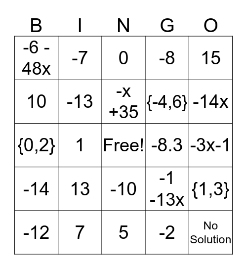 Equations and Expressions Bingo Card