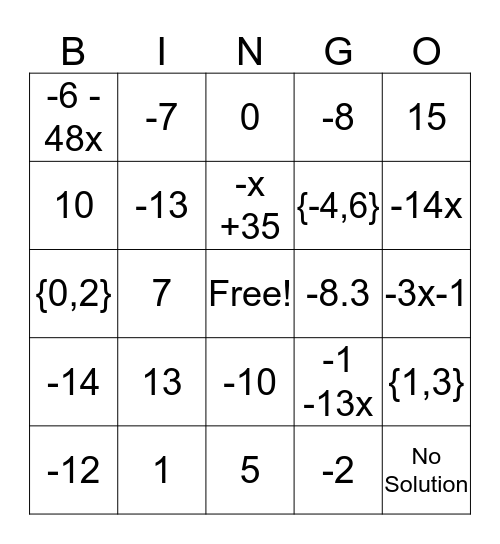 Equations and Expressions Bingo Card