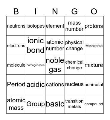 Earth/Space Matter/Chemistry Bingo Card