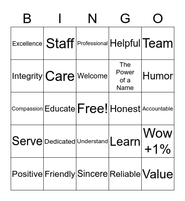 PCU's Values, Mission & Vision Bingo Card