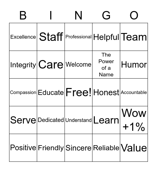 PCU's Values, Mission & Vision Bingo Card