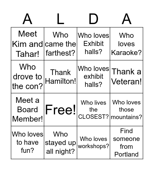 ALDAcon Portland 2018 Bingo Card