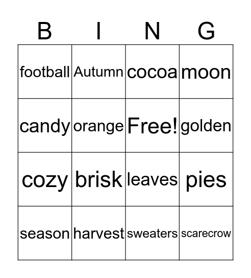 FALL BREAK Bingo Card