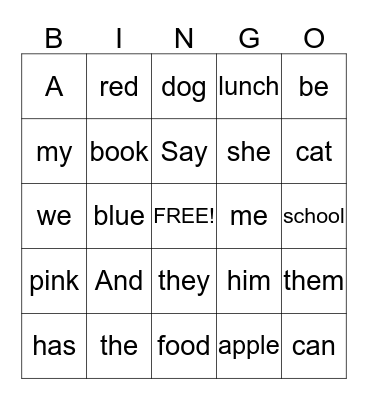 Word Bingo Card