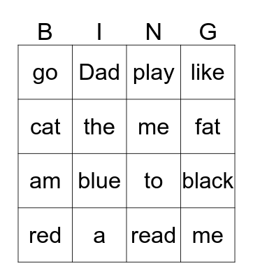 Sight Word Bingo Card