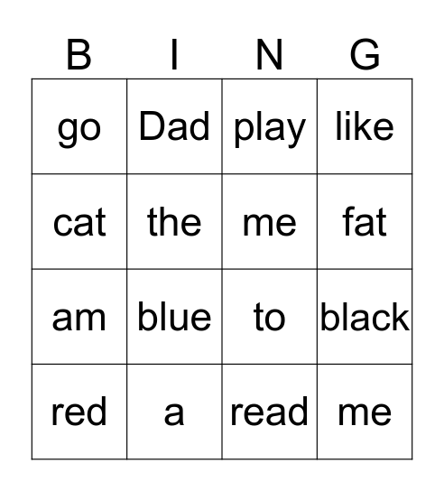 Sight Word Bingo Card