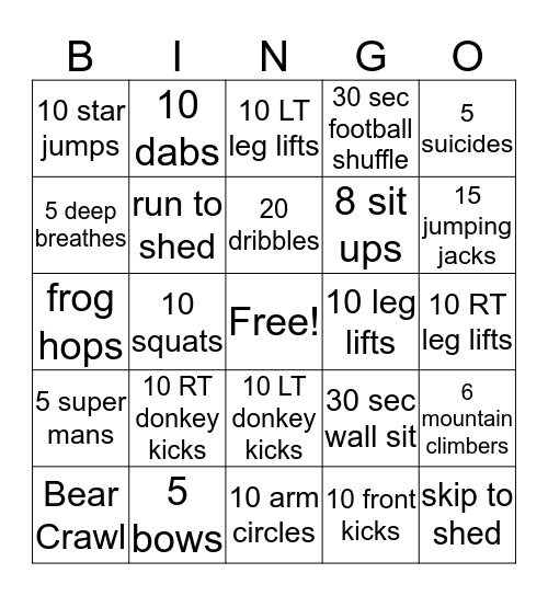 Thursday Fitness Bingo Card