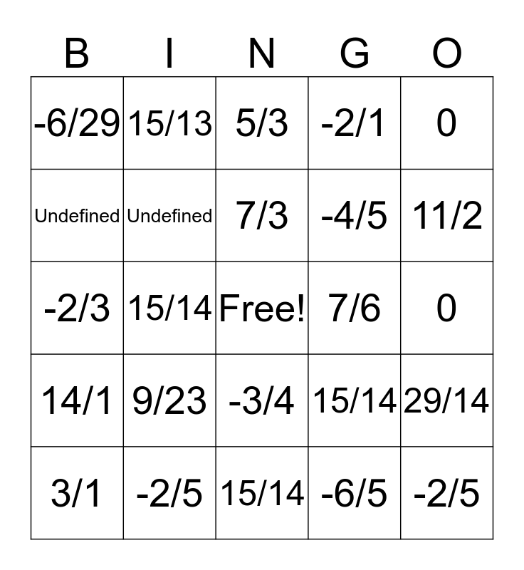 Slope Bingo Card
