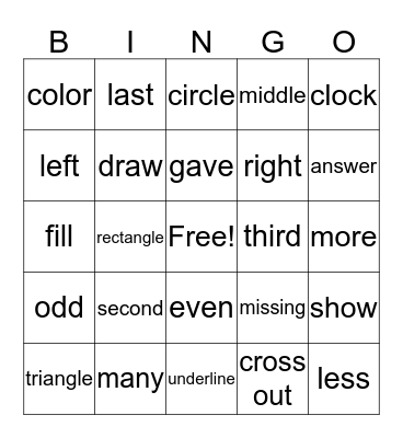 My Math Words Bingo Card