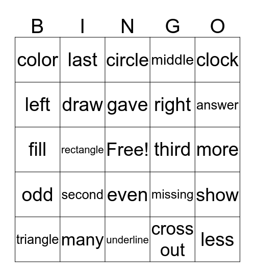 My Math Words Bingo Card