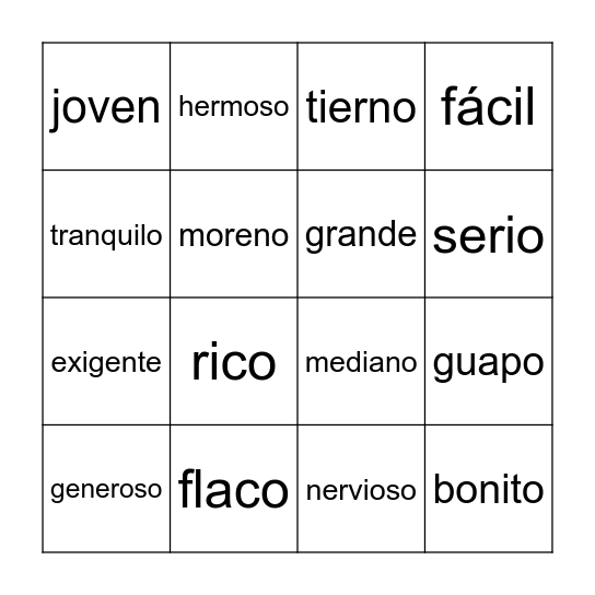 Sp 10 Adjetivos Bingo Card