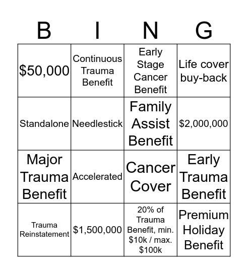 Asteron Trauma Bingo Card