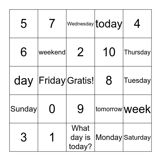 Numbers 0-10, Days of the Week Bingo Card