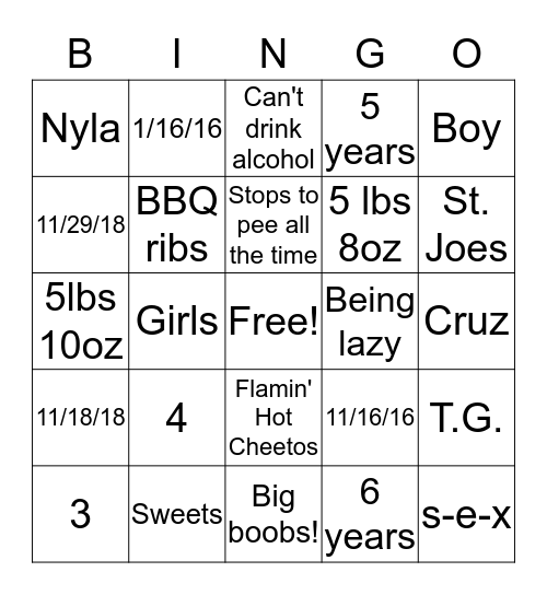 Kimble Baby Trivia Bingo Card