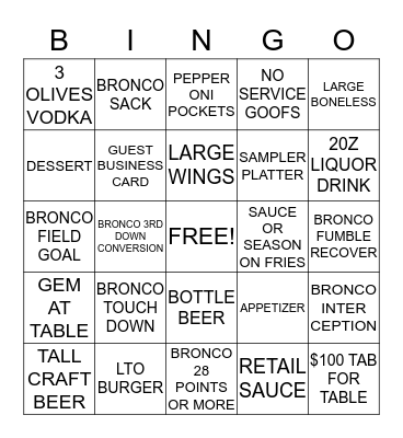 BRONCO BINGO Card