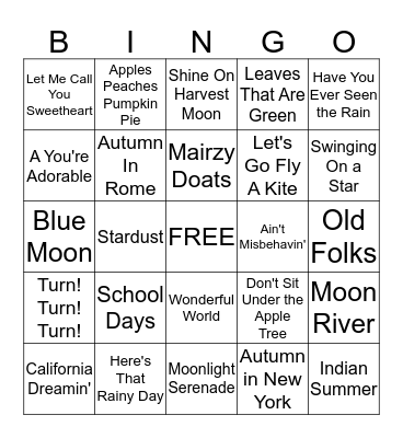 Autumn Songs Bingo Card