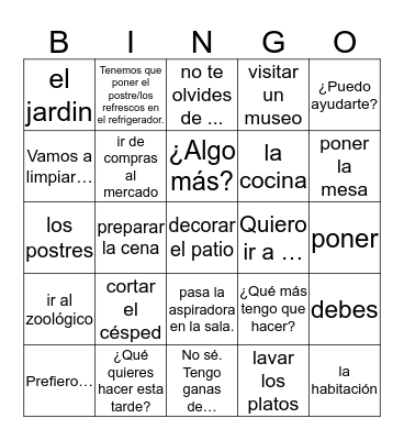 Expresate 2 Ch 1. 2 Los Quehaceres Bingo Card