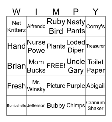 Wimpy Kid Bing Bingo Card