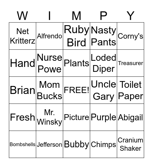 Wimpy Kid Bing Bingo Card