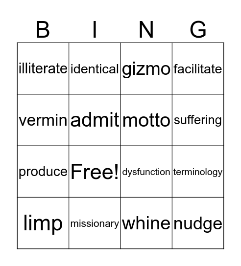 Vocabulary Bingo Card