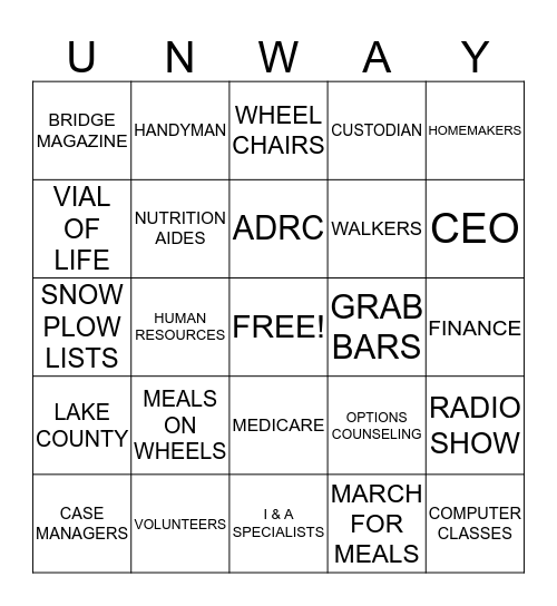 LCCOA UNITED WAY BINGO Card