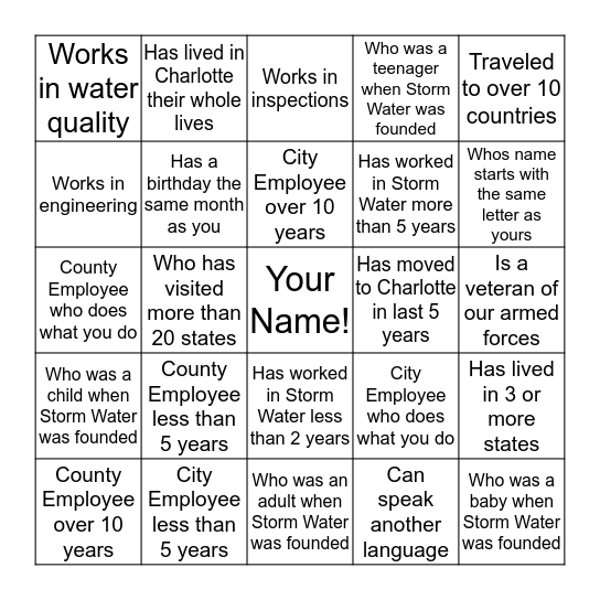 Get to Know Your Storm Water Coworkers Bingo Card
