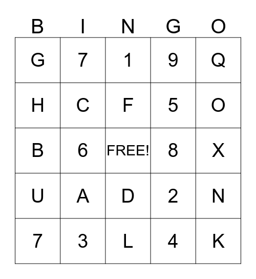 letters and numbers  Bingo Card
