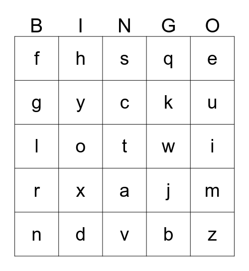 Lower case letters Bingo Card