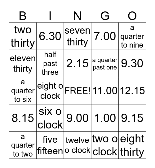 Clocks and Time Bingo Card