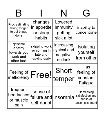 Burn Out Bingo Card