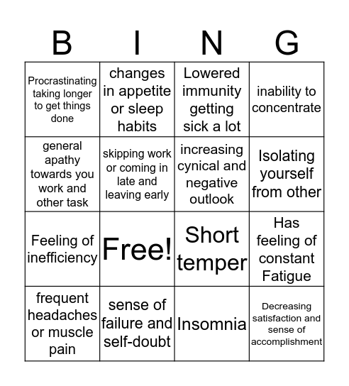 Burn Out Bingo Card