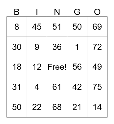 Number Bingo 1-75 Bingo Card