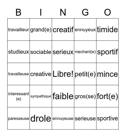 Les Adjectifs Bingo Card