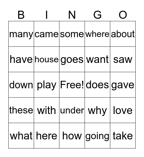 Sight Word Bingo Card