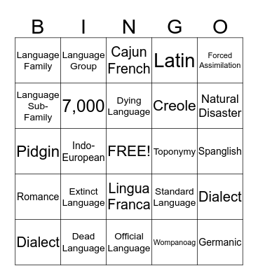 Language Unit Bingo Card