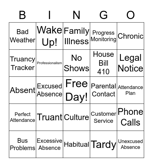 Truancy Bingo Card