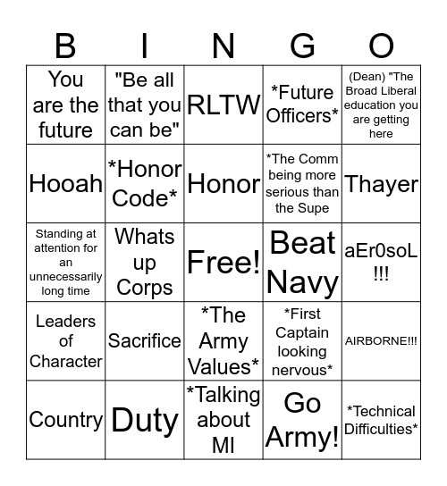 Thayer Dinner Bingo Card