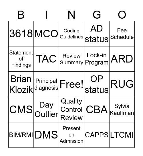 Utilization Review Bingo Card