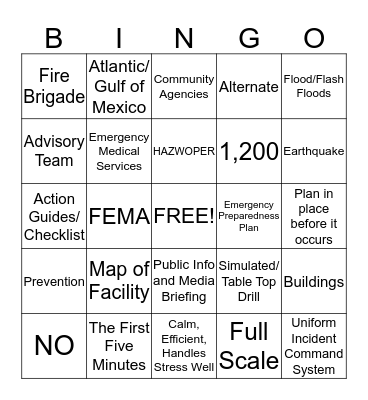 Emergency Preparedness Bingo Card