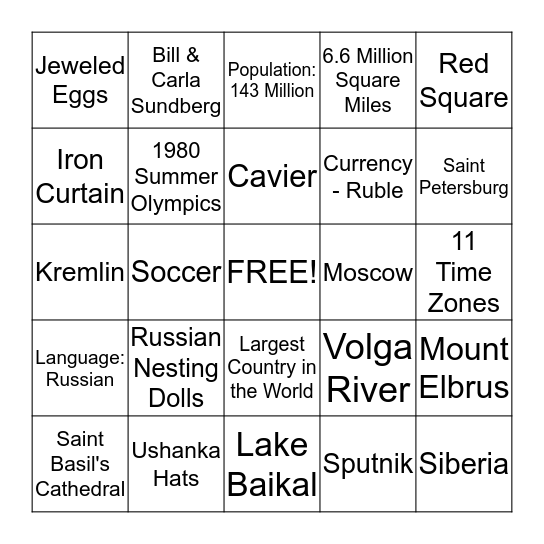 Russian Bingo Card