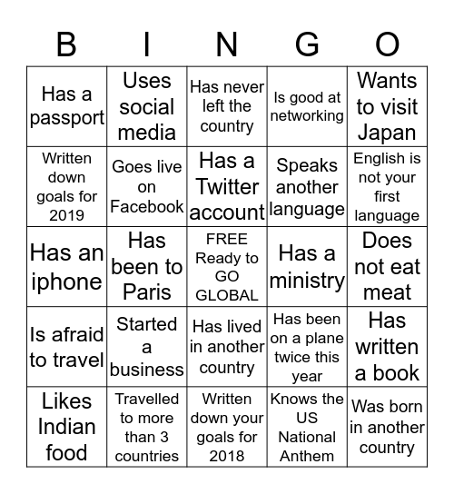 Going Global Human Bingo Card