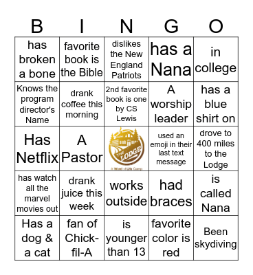 Lodge Fall Family 2018 Bingo Card