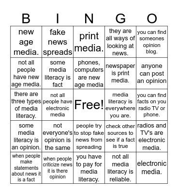 media literacy Bingo Card