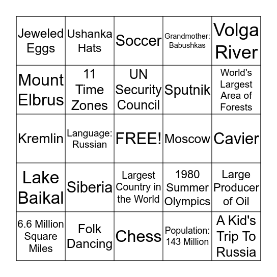 Russian Bingo Card