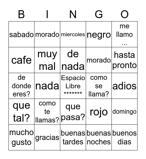 Saludos espanoles, colores y las semanas  Bingo Card