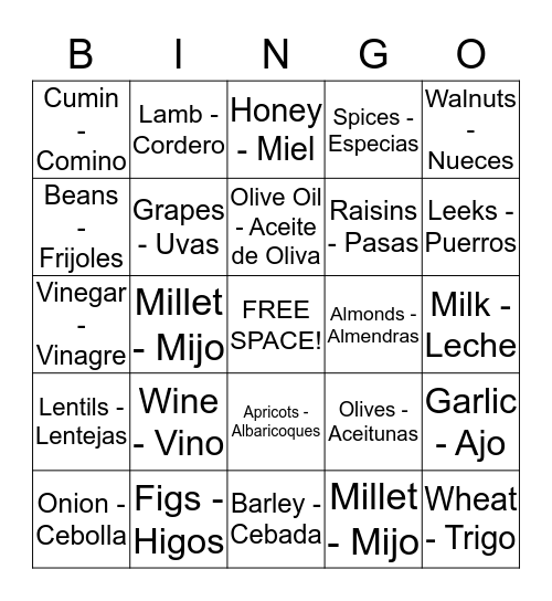 Foods of the Bible Bingo Card