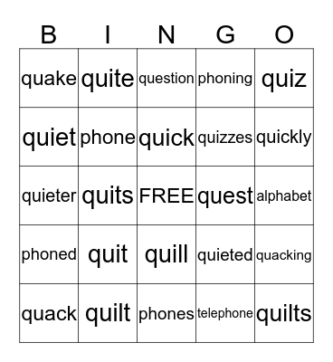 QU / PH      Spelling Words Bingo Card