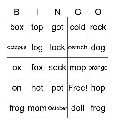 Short vowel o Bingo Card