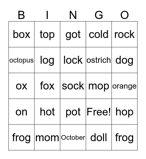 Short vowel o Bingo Card